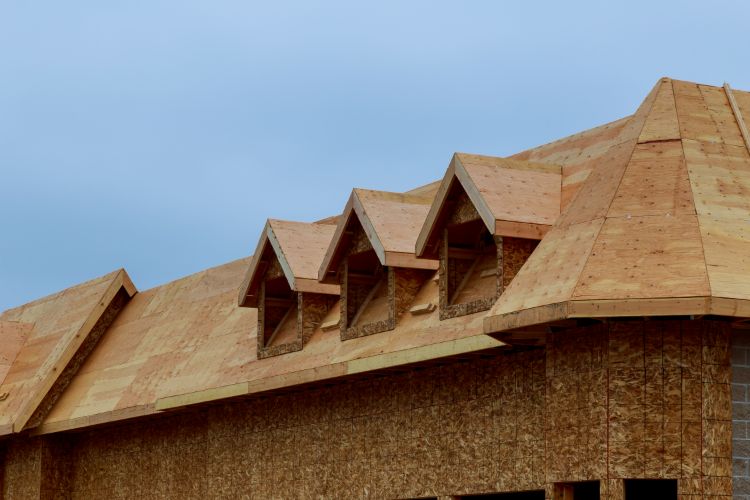 Wood-framed roof structure featuring dormers, illustrating historic roof types under construction.